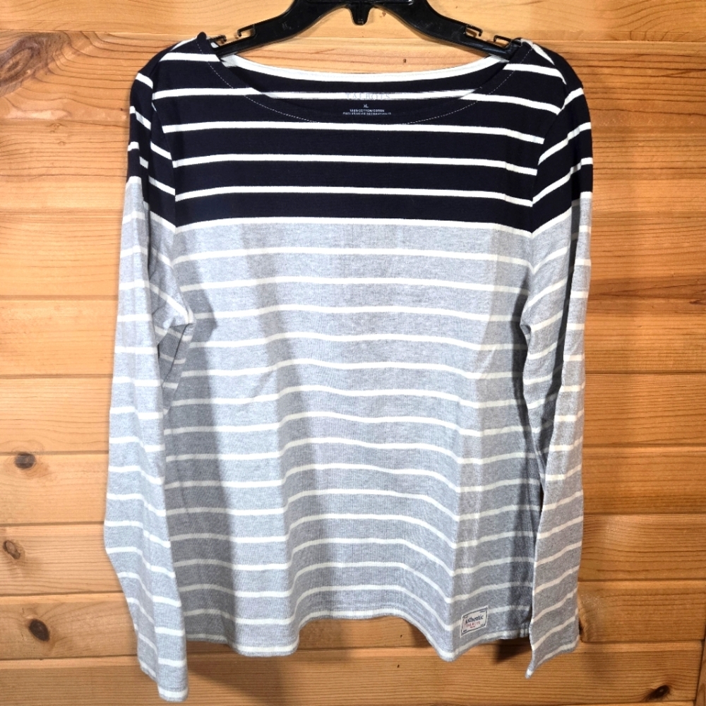 Talbots 100% Cotton Pullover Sweater Striped Long Sleeve Navy Gray Womens  XL